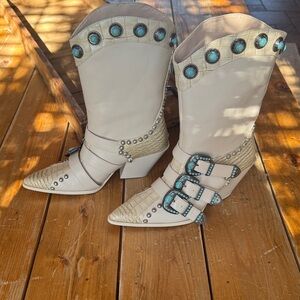 Elegant Cream and Tan Heeled Boots with Buckle Details